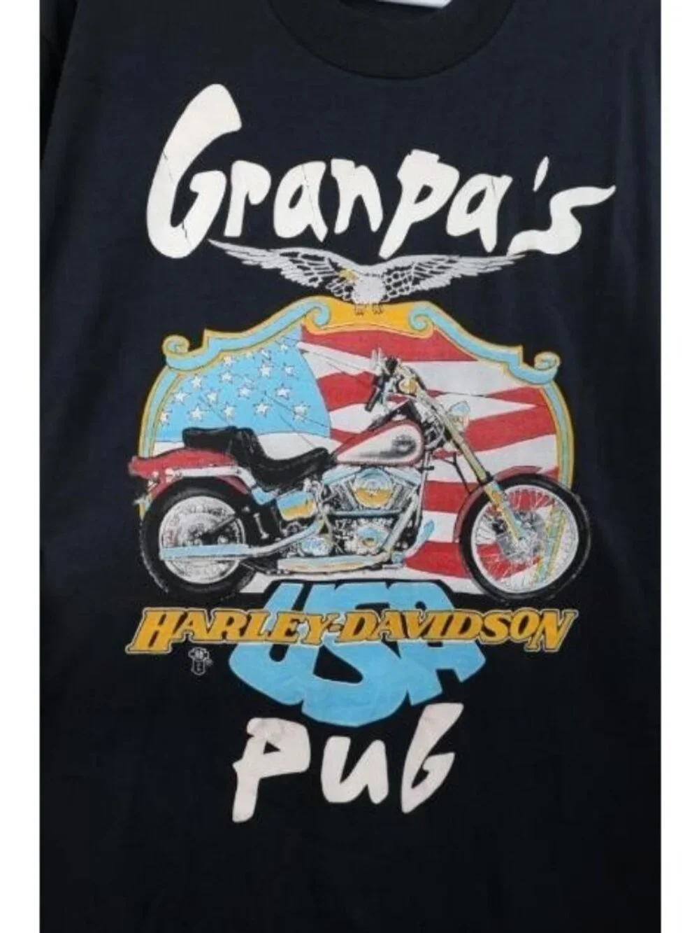 Vtg 80s Harley Davidson Mens Large Spell Out Eagle Flag Motorcycle T-Shirt USA